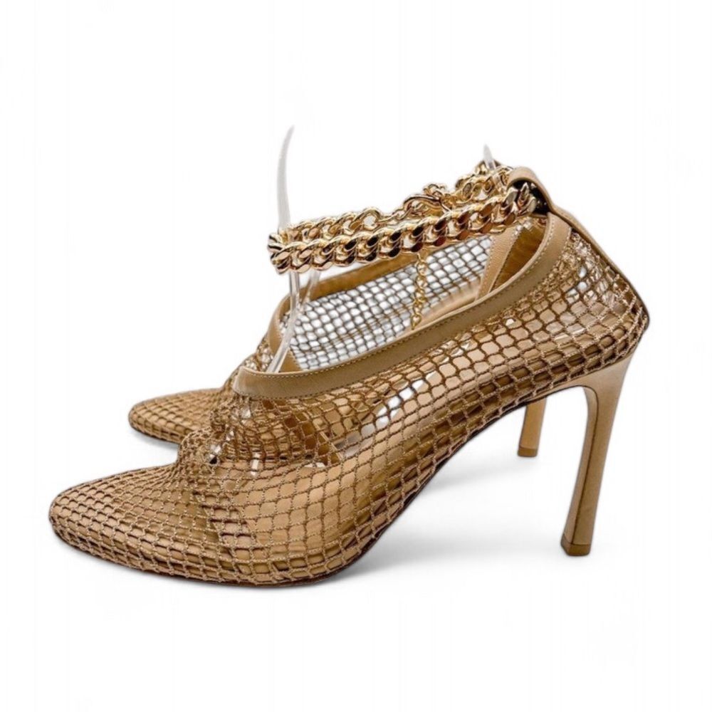 Authentic BOTTEGA VENETA Tan Sand Tex Mesh Gold Trim Runway Sandals Size… - Picture 11 of 16